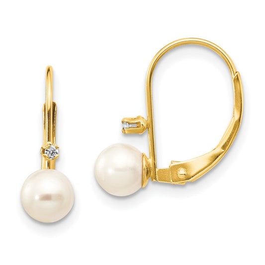 14K 5 6mm Round FW Cultured Pearl .02 ct. Diamond Leverback Earrings