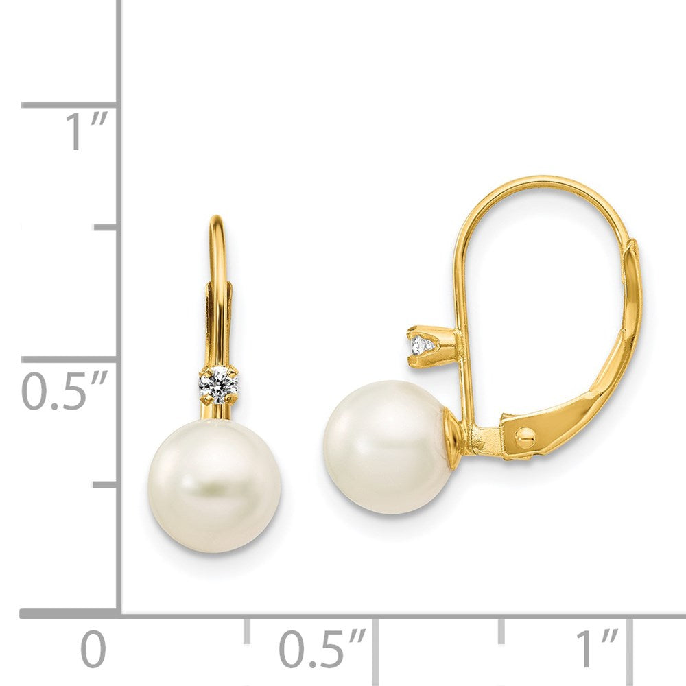 14K 6 7mm Round FW Cultured Pearl .06ct. Diamond Leverback Earrings