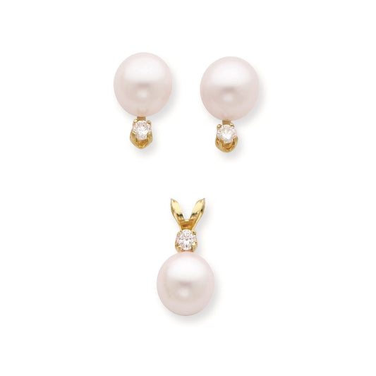 14K 7 8mm Saltwater Akoya Cultured Pearl and Diamond Earring and Pendant Set