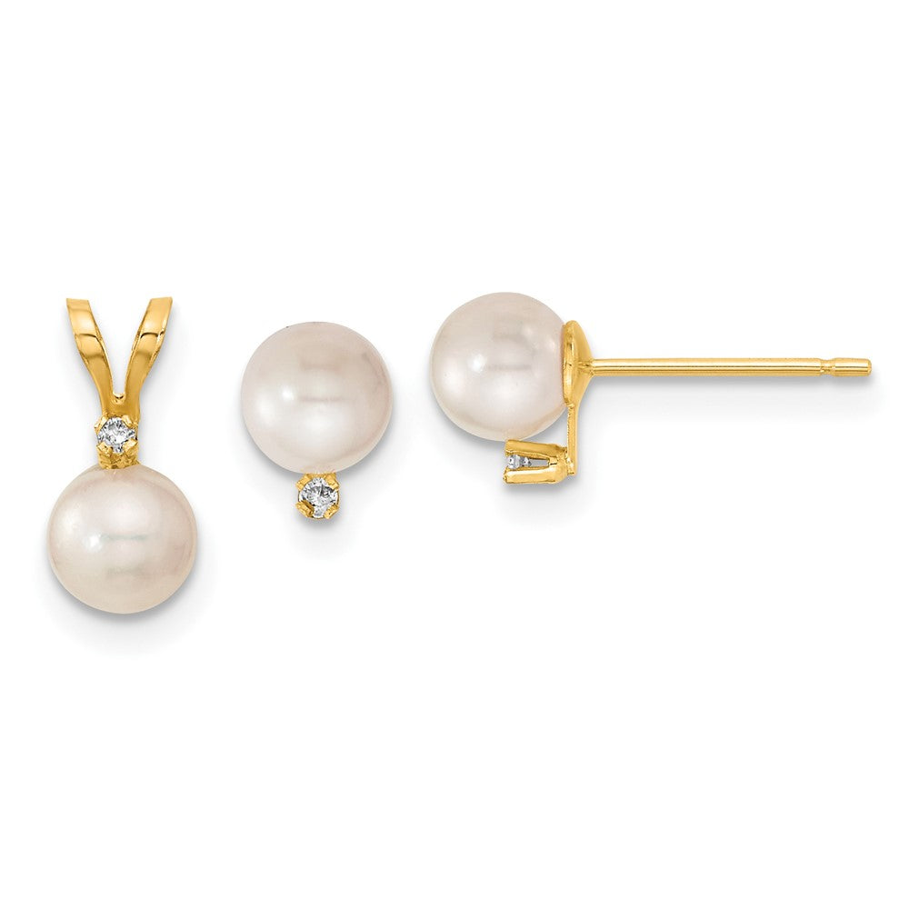 14K 5 6mm Saltwater Akoya Cultured Pearl and Dia. Earring and Pendant Set