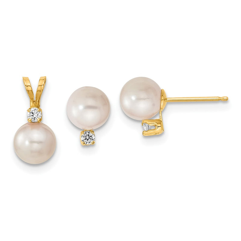 14K 6 7mm Saltwater Akoya Cultured Pearl and Dia. Earrings and Pendant Set