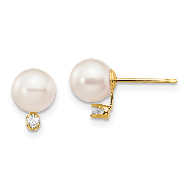 14k 6 7mm White Round Saltwater Akoya Cultured Pearl Diamond Post Earrings