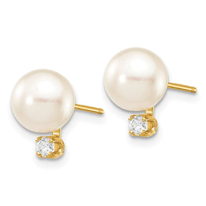 14k 7 8mm White Round Saltwater Akoya Cultured Pearl Diamond Post Earrings