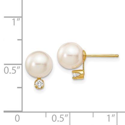 14k 7 8mm White Round Saltwater Akoya Cultured Pearl Diamond Post Earrings