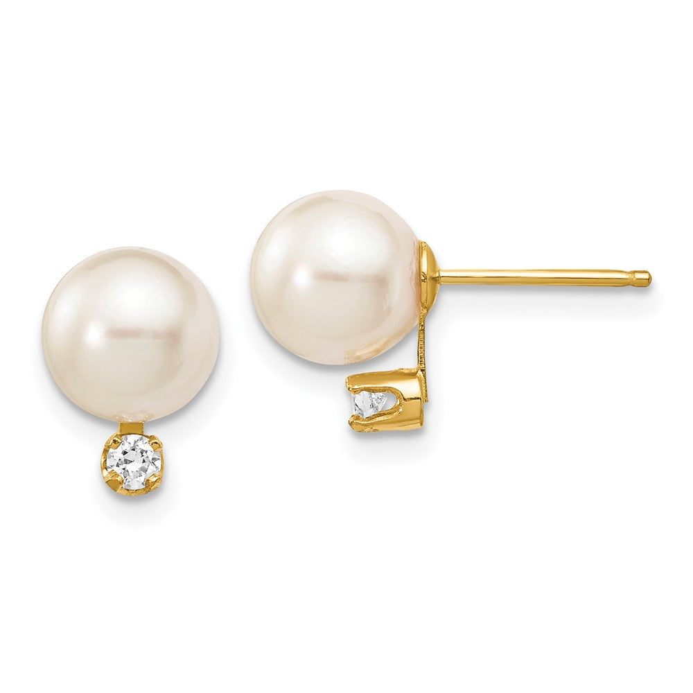 14k 7 8mm White Round Saltwater Akoya Cultured Pearl Diamond Post Earrings