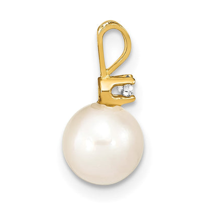 14k 7 8mm Round White Saltwater Akoya Cultured Pearl Diamond Pendant