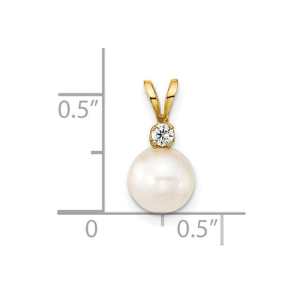 14k 7 8mm Round White Saltwater Akoya Cultured Pearl Diamond Pendant