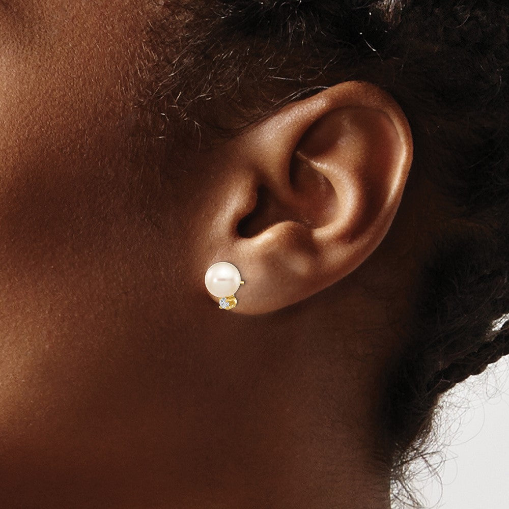 14k 7 8mm White Round Freshwater Cultured Pearl .10ct Diamond Post Earrings