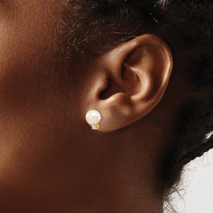 14k 7 8mm White Round Freshwater Cultured Pearl .10ct Diamond Post Earrings