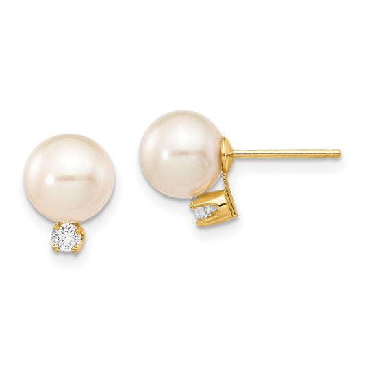 14k 7 8mm White Round Freshwater Cultured Pearl .10ct Diamond Post Earrings