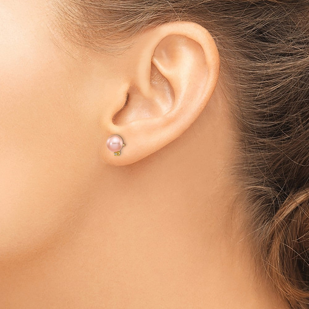14k 5 6mm Pink Round Freshwater Cultured Pearl .02ct Diamond Post Earrings