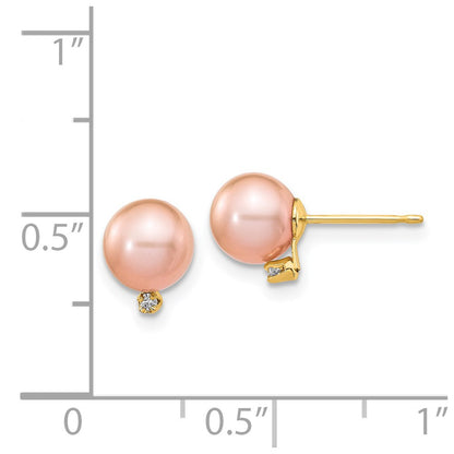 14k 5 6mm Pink Round Freshwater Cultured Pearl .02ct Diamond Post Earrings