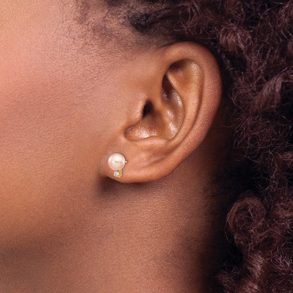 14k 6 7mm Pink Round Freshwater Cultured Pearl .06ct Diamond Post Earrings