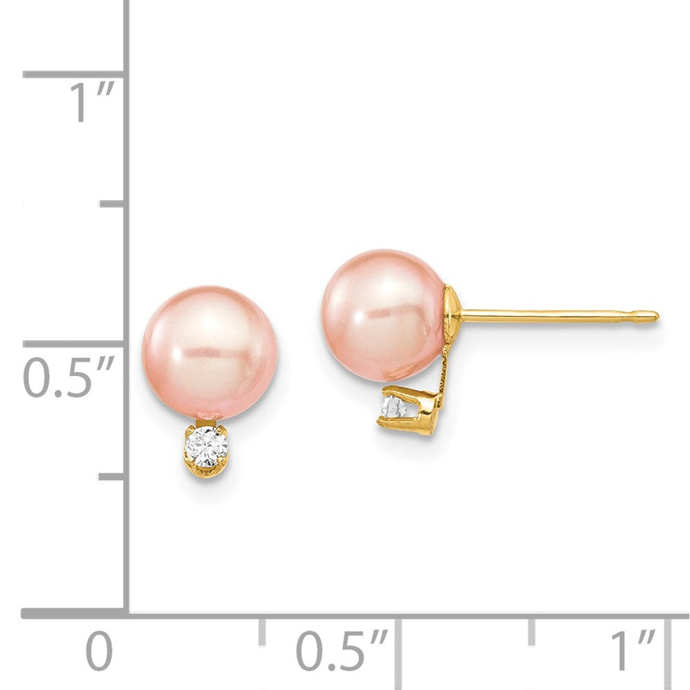14k 6 7mm Pink Round Freshwater Cultured Pearl .06ct Diamond Post Earrings