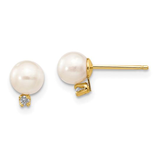 14k 5 6mm White Round Freshwater Cultured Pearl .02ct Diamond Post Earrings