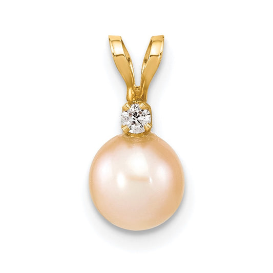 14k 6 7mm Round Pink Freshwater Cultured Pearl Diamond Pendant