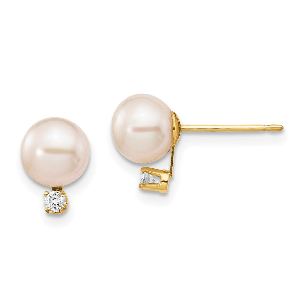 14k 6 7mm White Round Freshwater Cultured Pearl .06ct Diamond Post Earrings