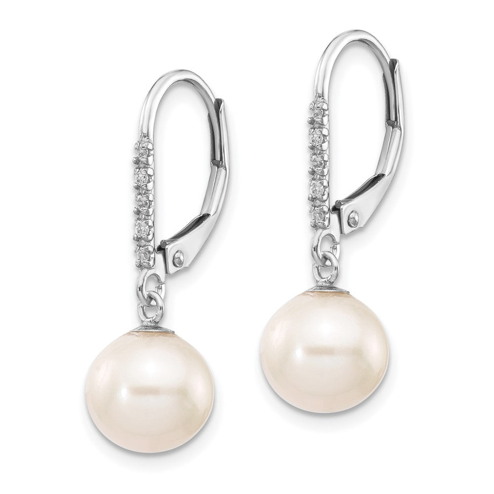 14k White Gold 8 9mm Round FWC Pearl .05ct Diamond Leverback Earrings