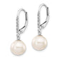14k White Gold 8 9mm Round FWC Pearl .05ct Diamond Leverback Earrings