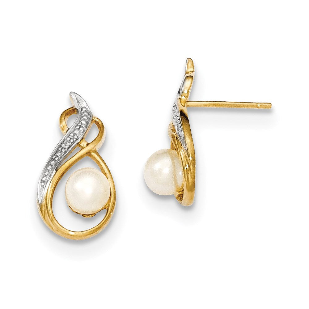 14k 5 6mm FW Cultured Pearl and Diamond with Rhodium Accents Post Ear
