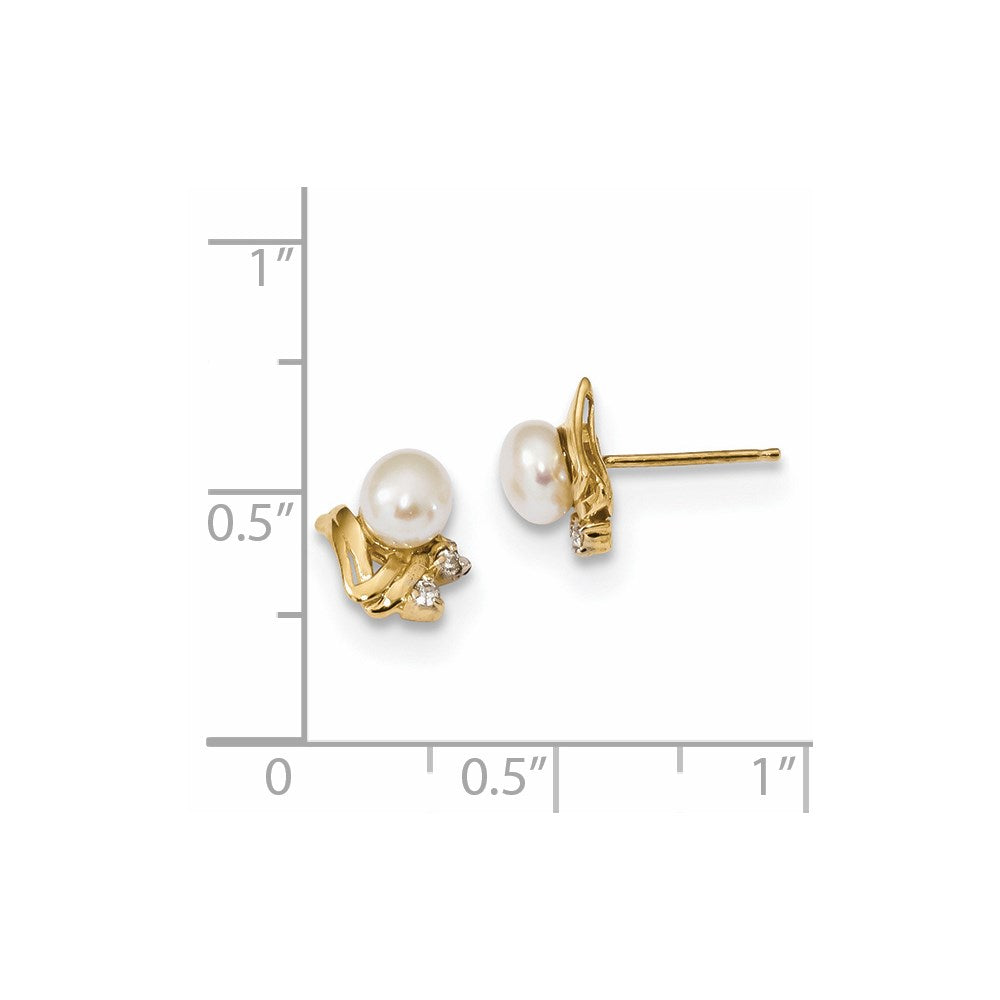 14k 5 6mm Diamond and White Button Freshwater Cultured Pearl Post Earrings