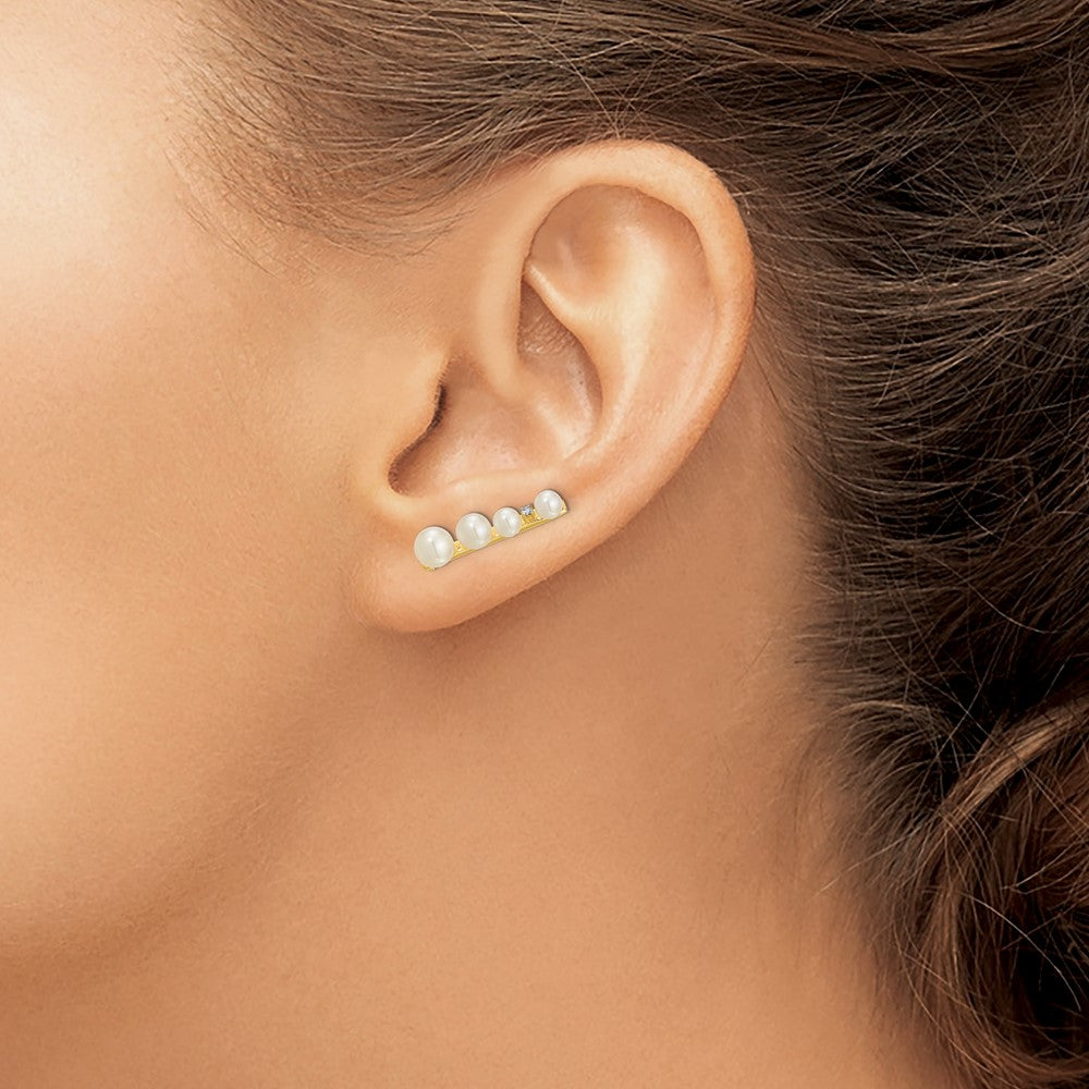 14K 3 5mm Freshwater Cultured Pearl .016ct Diamond Ear Climber Earrings