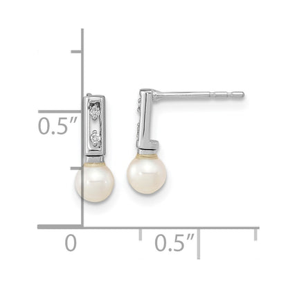 14K White Gold 3 4mm White Round FWC Pearl .02ct Diamond Post Earrings