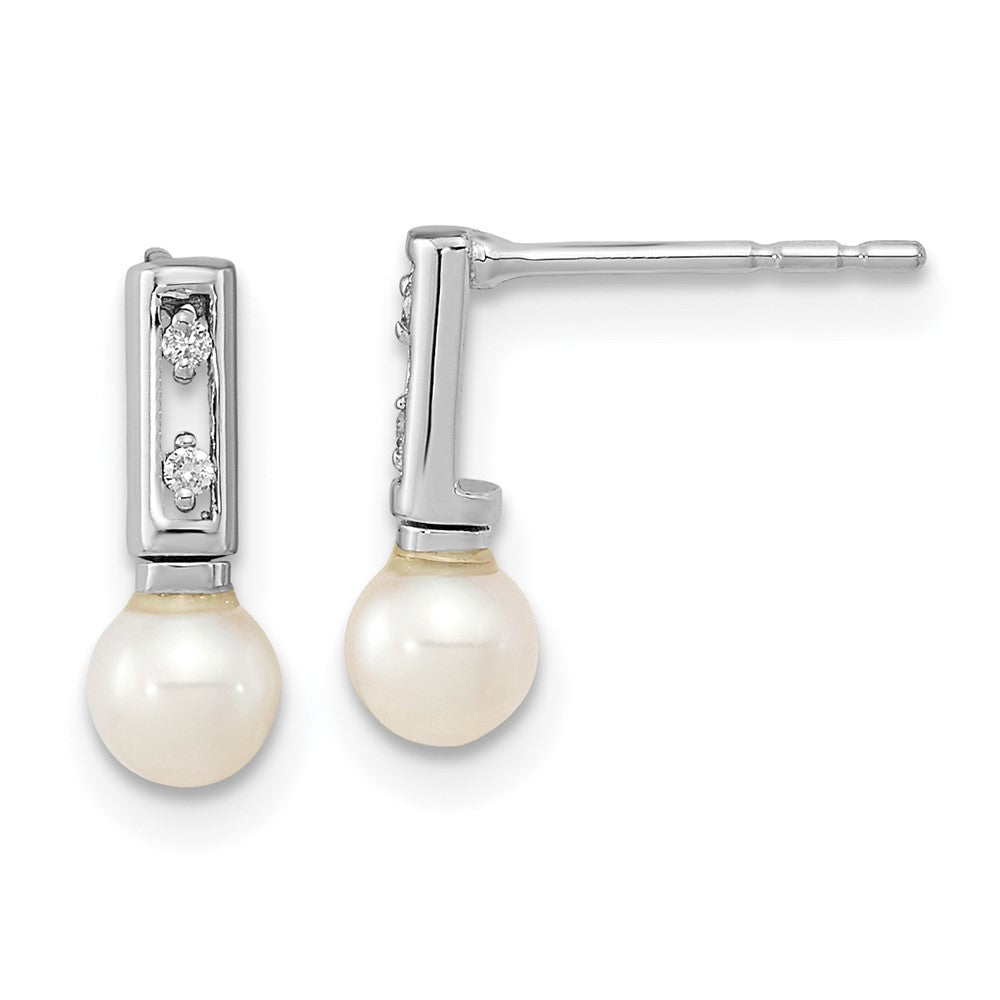 14K White Gold 3 4mm White Round FWC Pearl .02ct Diamond Post Earrings