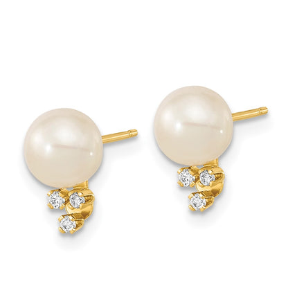 14k 6 7mm White Round Freshwater Cultured Pearl .06ct Diamond Post Earrings