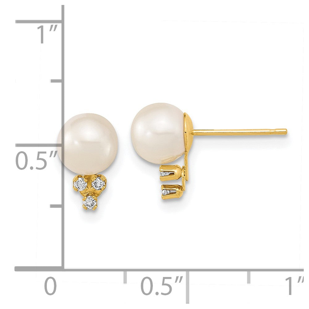 14k 6 7mm White Round Freshwater Cultured Pearl .06ct Diamond Post Earrings