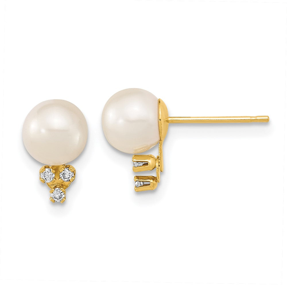 14k 6 7mm White Round Freshwater Cultured Pearl .06ct Diamond Post Earrings