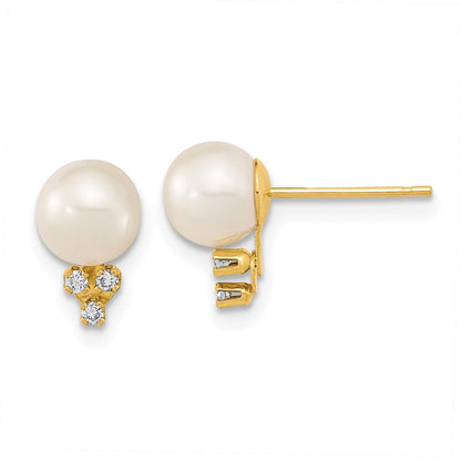 14k 6 7mm White Round Freshwater Cultured Pearl .06ct Diamond Post Earrings