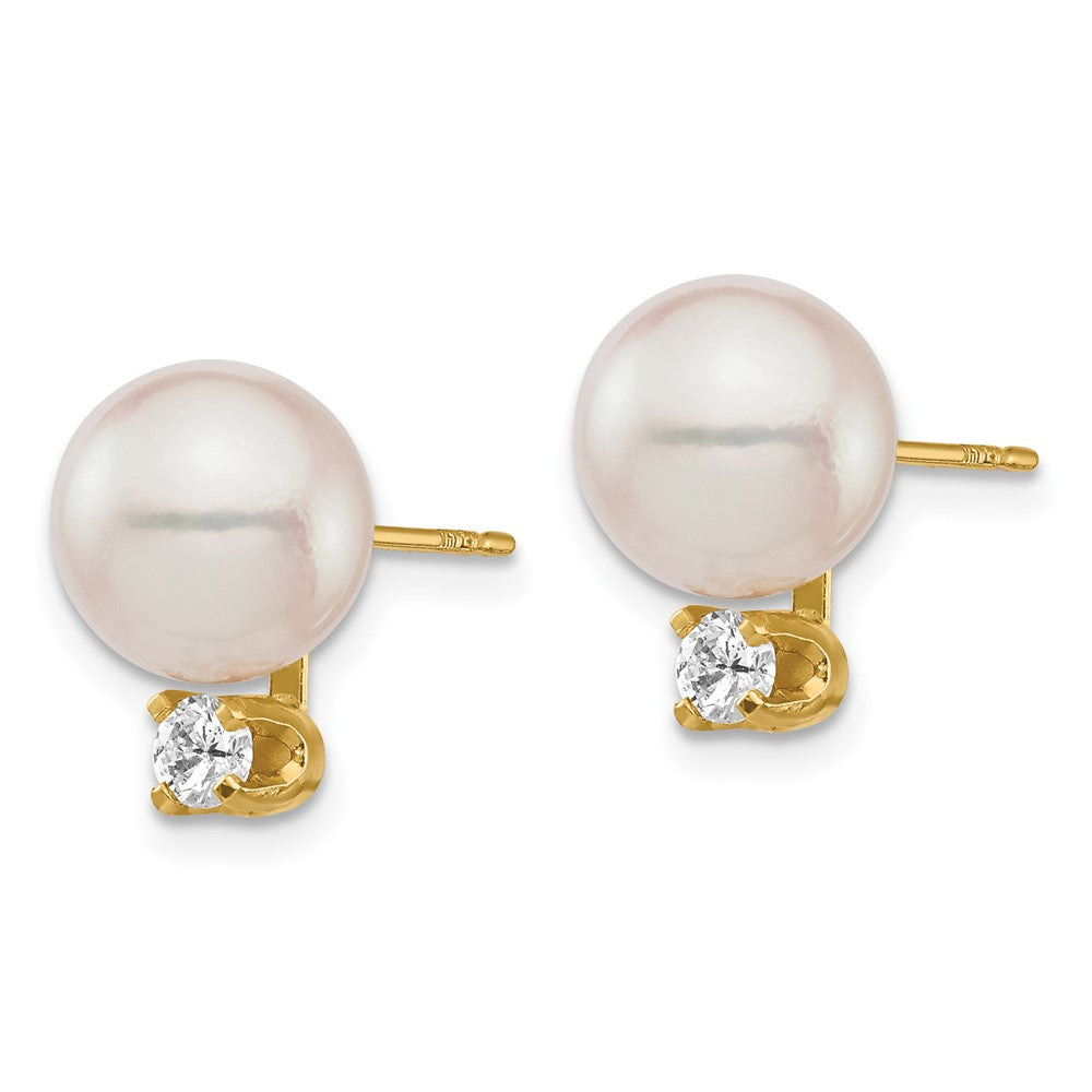 14K 8 9mm White Round Saltwater Akoya Cultured Pearl Diamond Post Earrings