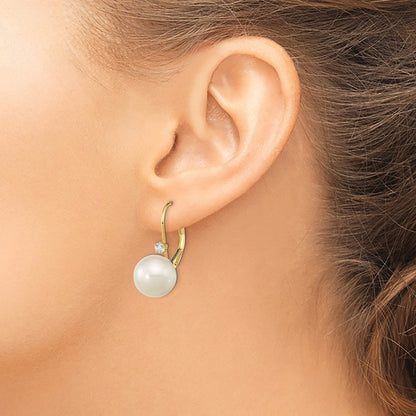 14K 9 9.5mm White Round FWC Pearl .10ct Diamond Leverback Earrings