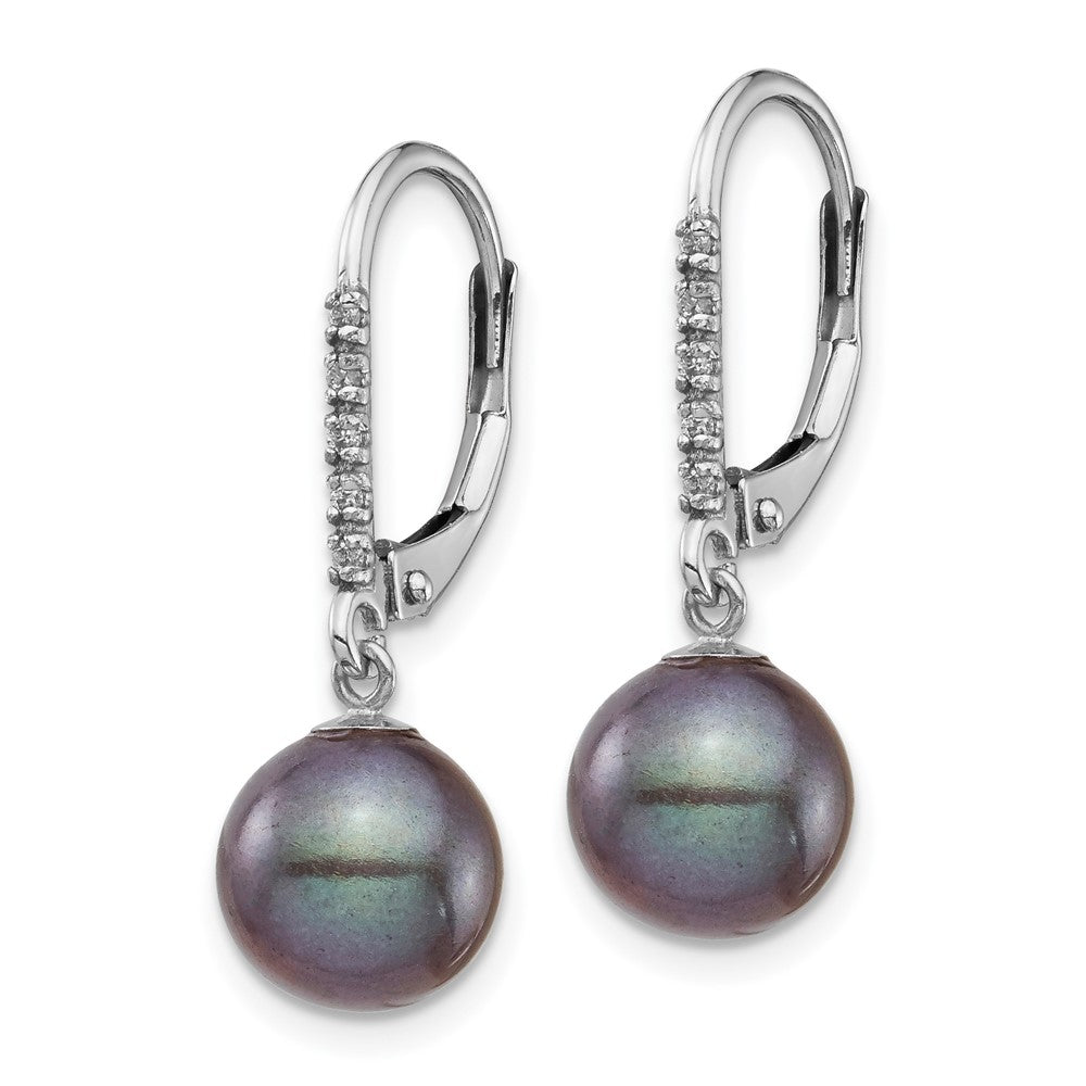 14k White Gold 8 9mm Black FWC Pearl .05ct Diamond Leverback Earrings