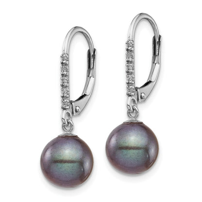 14k White Gold 8 9mm Black FWC Pearl .05ct Diamond Leverback Earrings