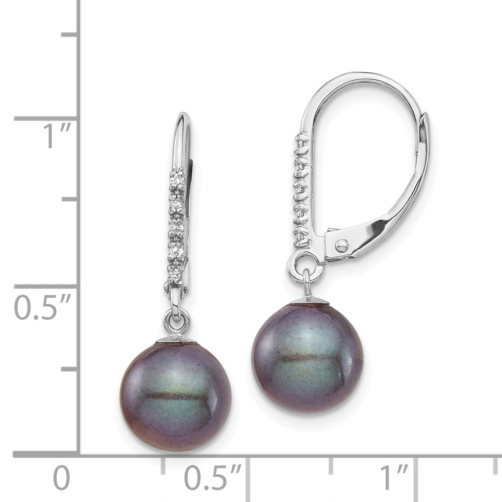 14k White Gold 8 9mm Black FWC Pearl .05ct Diamond Leverback Earrings