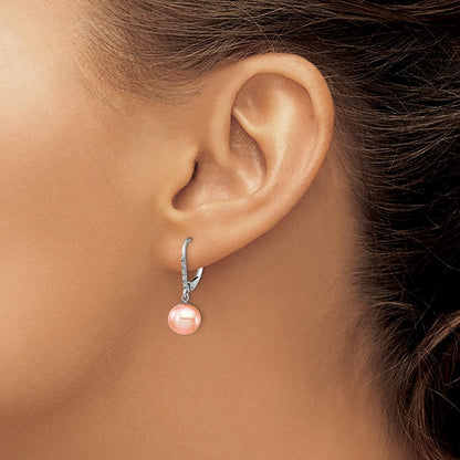 14k White Gold 8 9mm Pink FWC Pearl .05ct Diamond Leverback Earrings