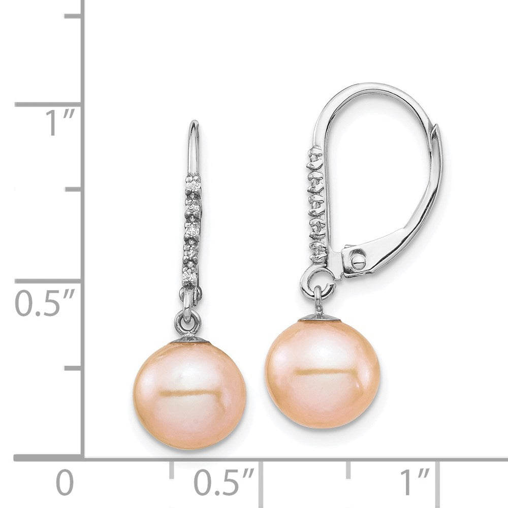14k White Gold 8 9mm Pink FWC Pearl .05ct Diamond Leverback Earrings