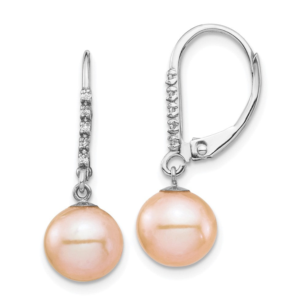 14k White Gold 8 9mm Pink FWC Pearl .05ct Diamond Leverback Earrings