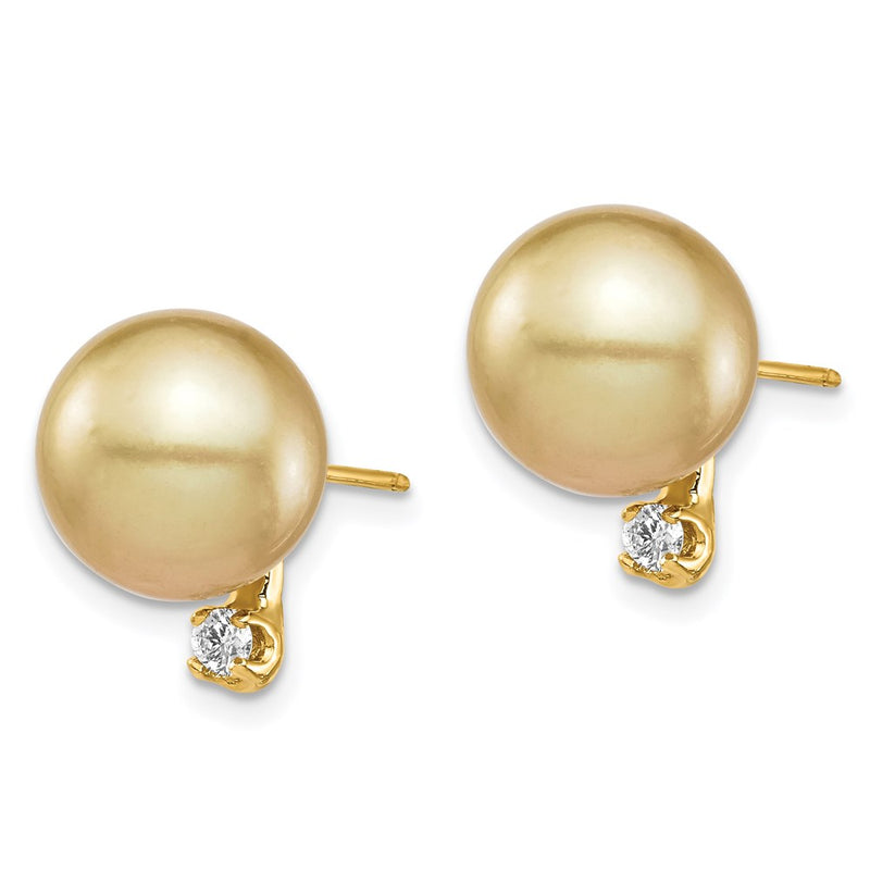 14K 9 10mm Golden Saltwater Cultured South Sea Pearl .10ct Dia Earrings