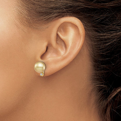 14K 9 10mm Golden Saltwater Cultured South Sea Pearl .10ct Dia Earrings