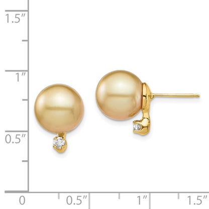 14K 9 10mm Golden Saltwater Cultured South Sea Pearl .10ct Dia Earrings