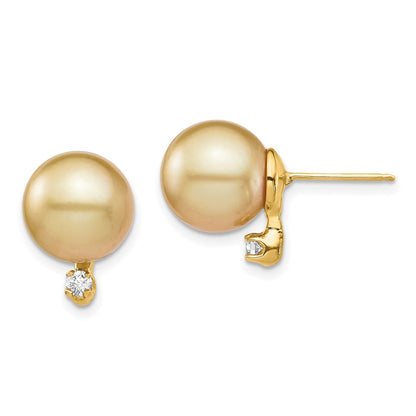 14K 9 10mm Golden Saltwater Cultured South Sea Pearl .10ct Dia Earrings