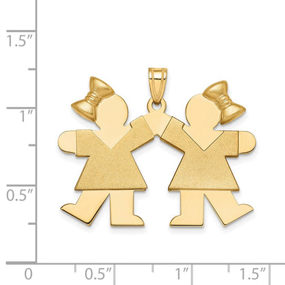 14k Yellow Gold Solid Engravable Large Double Girls with Bows Charm