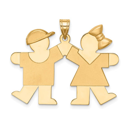 14k Yellow Gold Solid Engravable Boy on Left and Girl on Right Charm
