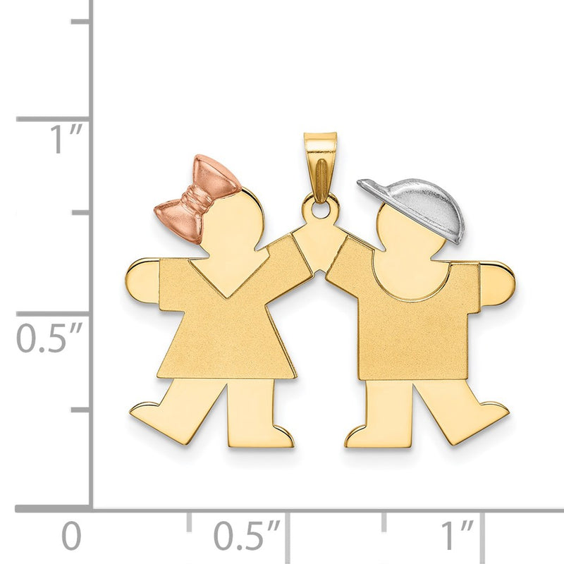 14k Tri-Color Gold Small Girl on Left and Boy on Right Engravable Charm
