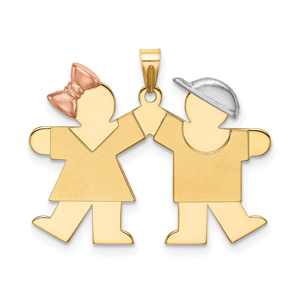 14k Tri-Color Gold Small Girl on Left and Boy on Right Engravable Charm