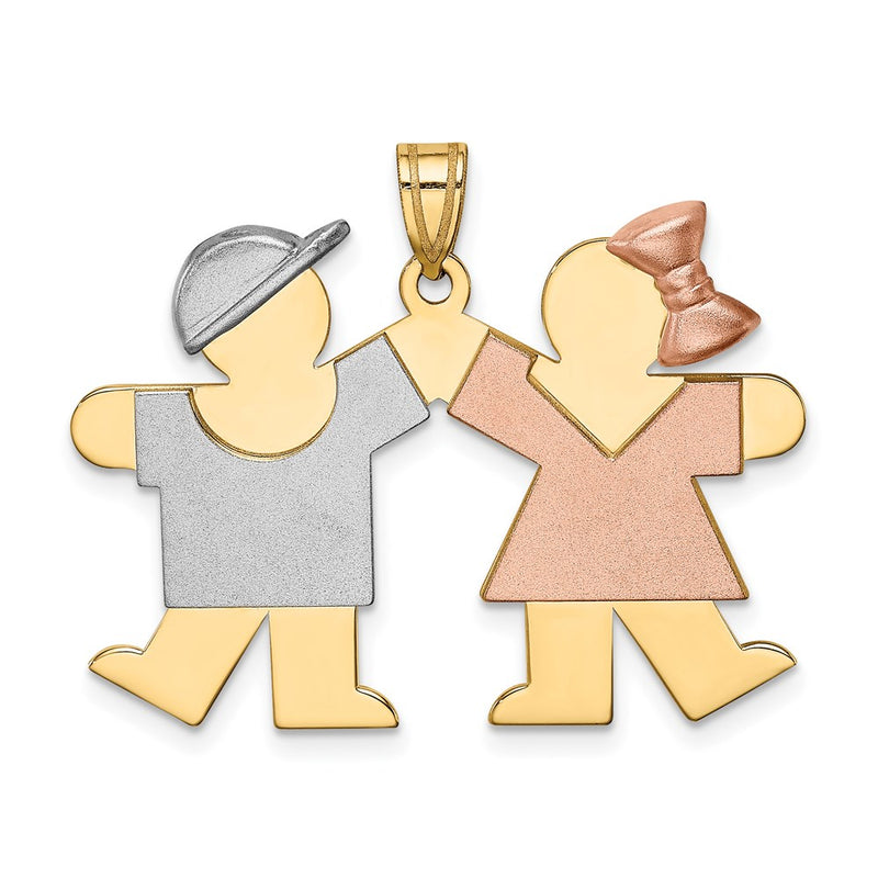 14k Tri-Color Gold Large Boy on Left and Girl on Right Engravable Charm