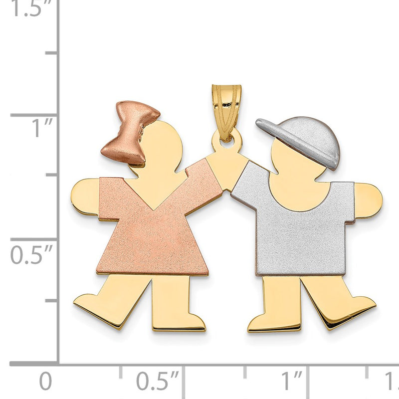 14k Tri-Color Gold Large Girl on Left and Boy on Right Engravable Charm